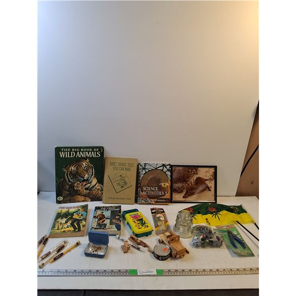 (5) Books,Pens, (2) Sask Flags, Bracelet, Fish Hook, Misc