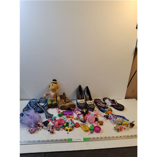 (4) Pairs of Shoe; Flip Flops (size 7), High Heels (size 7), Baby Moccasins, Barbie Pieces, Misc