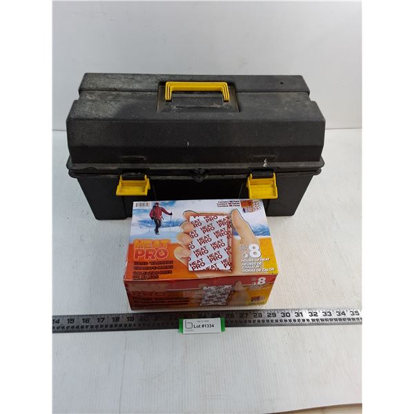 Box of Heat-Pro Hand Warmers - Untested, As is, 19x10x10" Tool Box - Cracked Bottom