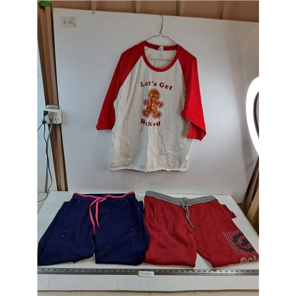 (2) Pairs of Sweat Pants (Scrub Culture Medium & Ecko  XL), "Let's Get Baked" XL T-Shirt