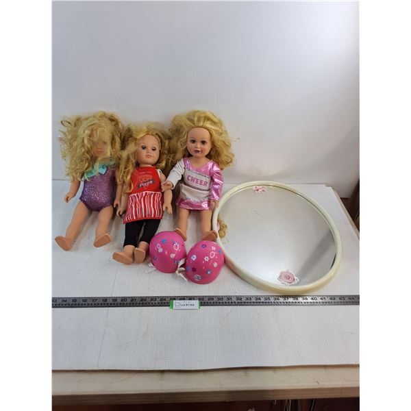 (3) Children's Dolls w/2 Bike Helmets, Wall Mirror 20" x 16" - PICK UP