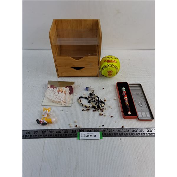 Crafts Storage, Christmas Cards, Coca-Cola Pen/Tin, Broken Beaded Bracelet, Yellow Softball, Jakks
