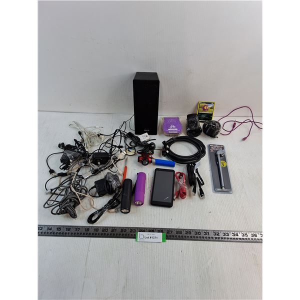 Assorted Power Cords, Sony Speaker, Headlight, Flashlights, Pressure Gauge, Misc.
