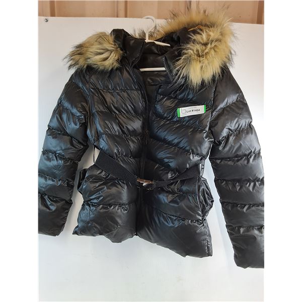 Black Puffer Jacket with Fur Hood and Belt-Size Medium