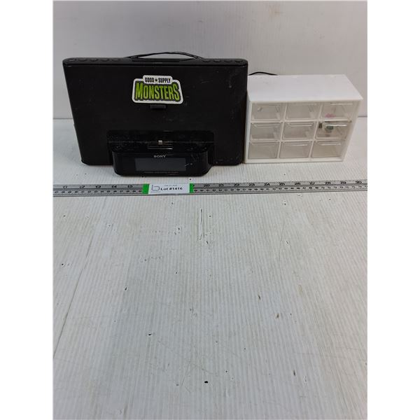 Sony Audio System featuring Ipod/Iphone Docking Station-Cord Damage but did power on,Plastic Desktop