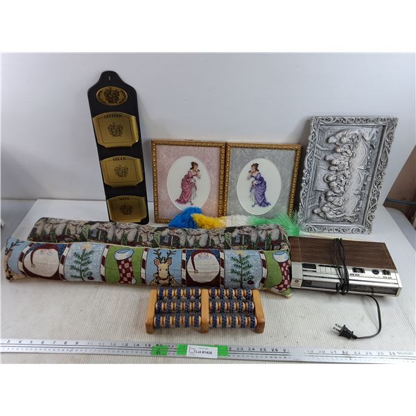 General Electric Alarm Clock - Tested, Framed Embroidery Art 11" x 8 1/2", Foot Massager, Pillows