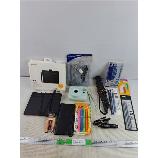 Wacom Creative Pen Tablet, Instax Mini 12 Camera, As Is, 8 Pc Math Set, Pencils, Markers, Misc