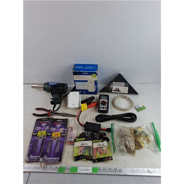 Power Fist 12.5A Heat Gun, Linksys Wi Fi Range Extender, Mastercraft Voltmeter, HDMI Cable, Misc