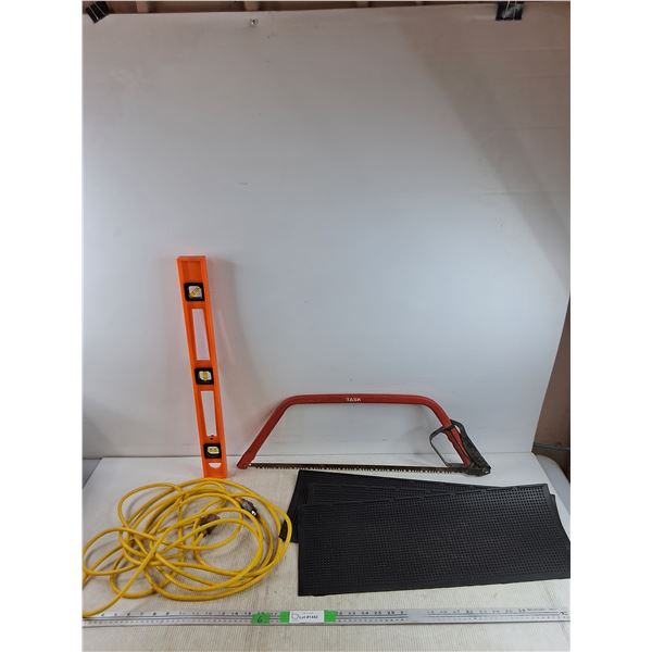 Level, Task Bow Saw, Extension Cord - Approx 8', As Is, (3) Rubber Mats 24" x 9" - PICK UP