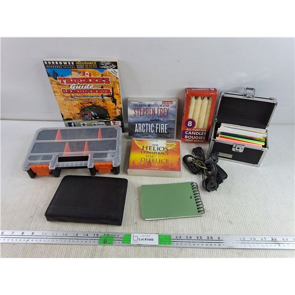 Hardware Organizer 11" x 7" x 2", Recipe Cards, All Purpose Candles, Trucker's Guide Magazine, Misc