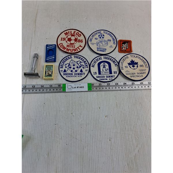 Vintage Razor with (2) Empty Razor cartridges,(5) Soccer Patches,Red Cross Patch