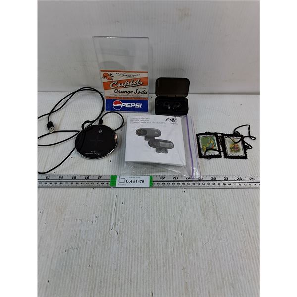 Wireless Charger,Ear Buds,Webcam,Pepsi Sign,(2) Religious Pictures