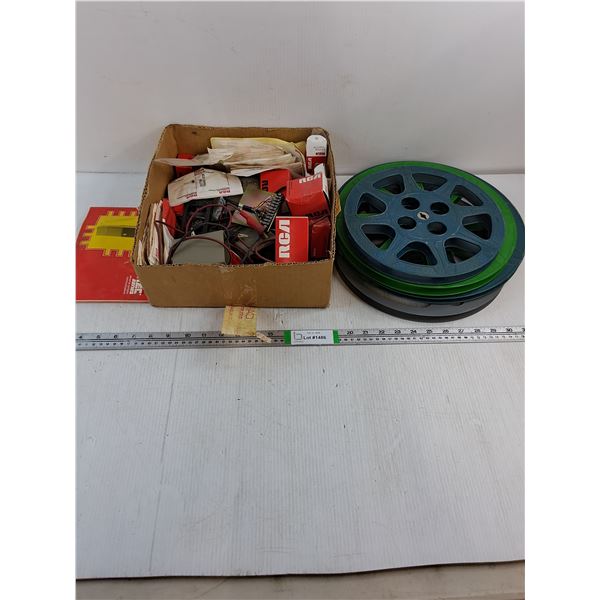 (4) Vintage Plastic Film Reels and Box of Assorted RCA Parts