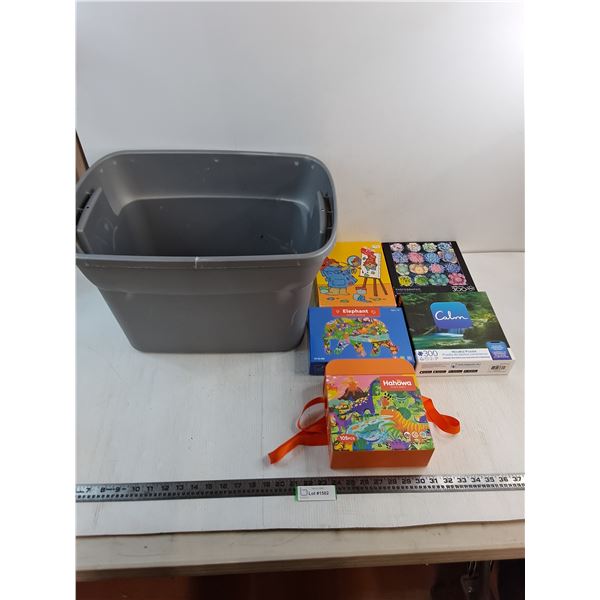 (5) Jigsaw Puzzles (Sizes 100 - 300 Pieces), Storage Bin 20x14x13" -PICK UP