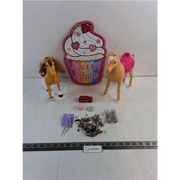 (2) Toy Horses, "Sweet Love" Decor, Costume Jewelry, Misc.