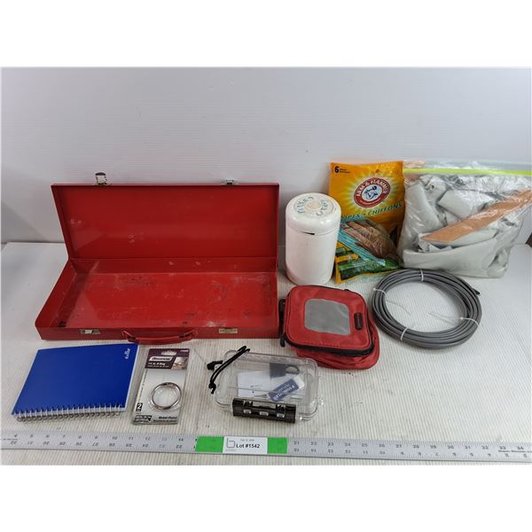 Metal Tool Box 17" x 7" x 2" , 1 1/2" O Ring, Leather Pieces, Notebooks, Cord, Misc