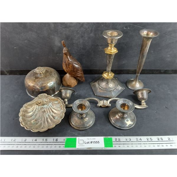 Silver Candle Holders, Soap Dish, Lid, Carved Wood Bird