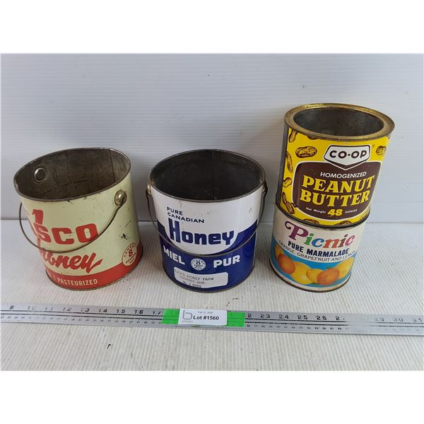 (4)  Vintage Tin Cans - Pure Canadian Honey, Sasco, Co Op, Picnic