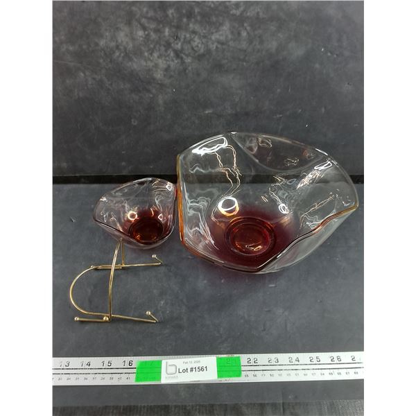 (2) Art Glass Bowls 9" & 5", Brass Plate Stand