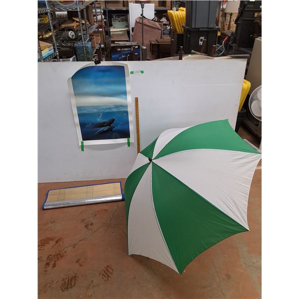 Dolphin Poster 31" x 22", Wooden Ruler, Green & White Umbrella, Beach Mat 62" x 29" -PU