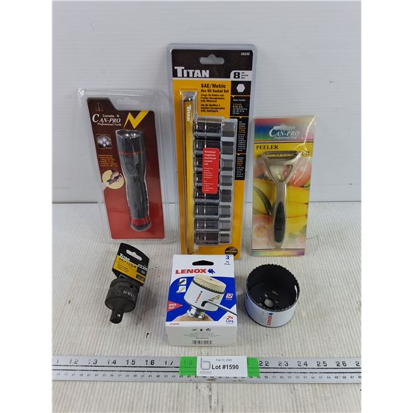 Titan SAE/Metric Hex Bit Socket Set, Lenox 3" Hole Bit, 3/4" Socket Adapter, Peeler