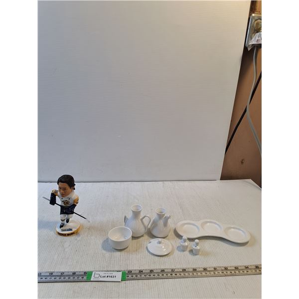 Sask Milk Saskatoon Blades Figurine Trevor Wong, Glass Decorative Tea Set ( as is)