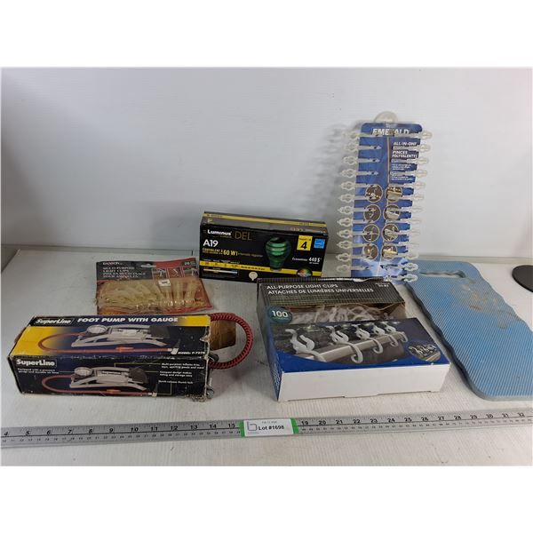 All-Purpose Light Clips, Foot Pump Gauge & Lightbulbs-As Is