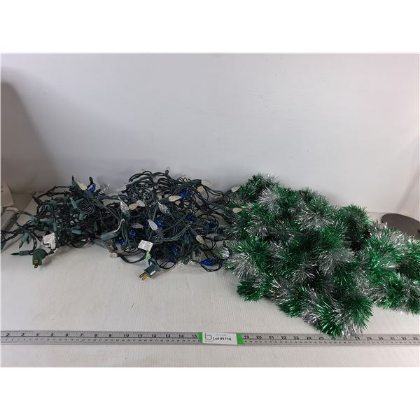 Assorted Christmas Lights- Powers On & Christmas Tinsel
