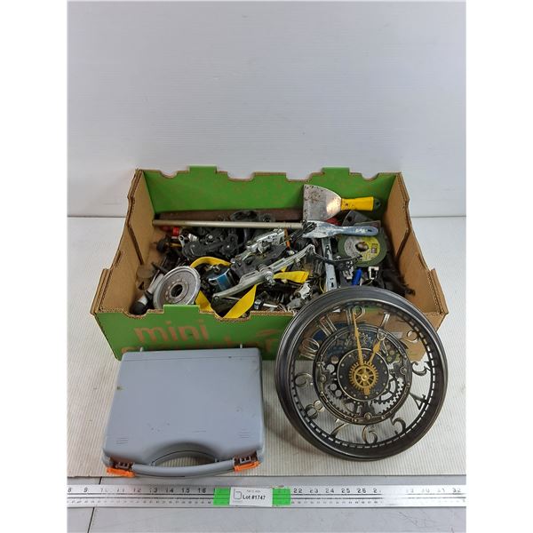 Assorted Bicycle Hardware, Tools, Quartz Wall Clock, Plastic Case 10" x 8" x 3" - PICK UP