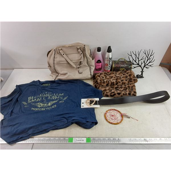 Faux Leather Purse, Hair Care Products, Jewelery Chest, Faux Leather Belt, T Shirt - Size XL, Misc