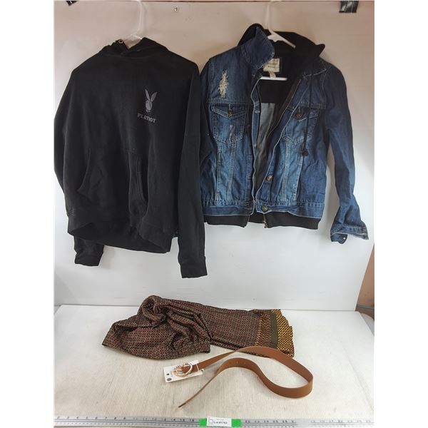 Playboy Bunny Hug, Hooded Denim Jacket - Size S, Faux Leather Belt, Pants - Size M