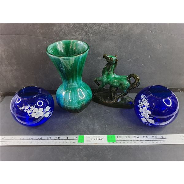 Blue Mountain Pottery Vase, Horse Decor, Cobalt Blue Glass Tea Candle Holders