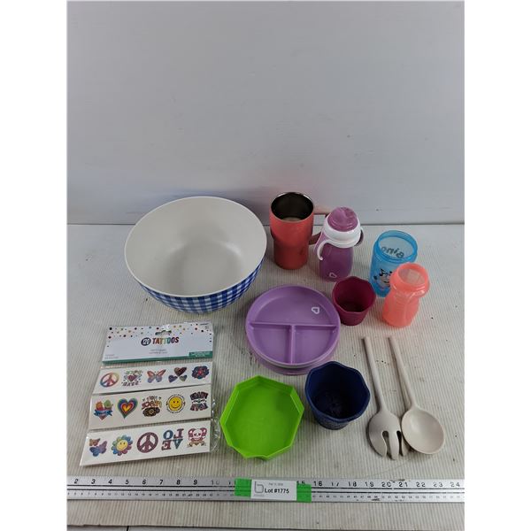 10 1/2" Plastic Bowl, Water Cup, Bottles, Temporary Tattoos, Salad Utensils
