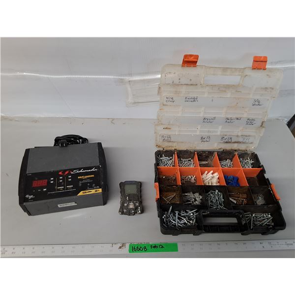 Schumaker Battery Charger- Powers On, Multigas Detector- As Is, Screws, Misc - PICK UP