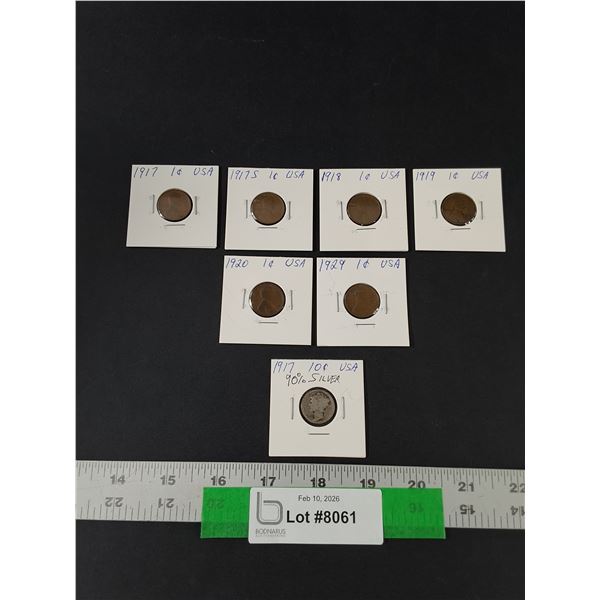 American Coin Lot, (6) Wheat Pennies, (1) Mercury Dime, Years: 1917-29