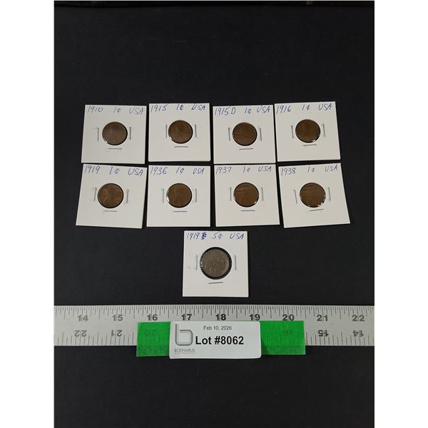 American Coin Lot, (8) Wheat Pennies, (1) Buffalo Nickel, 1910-38