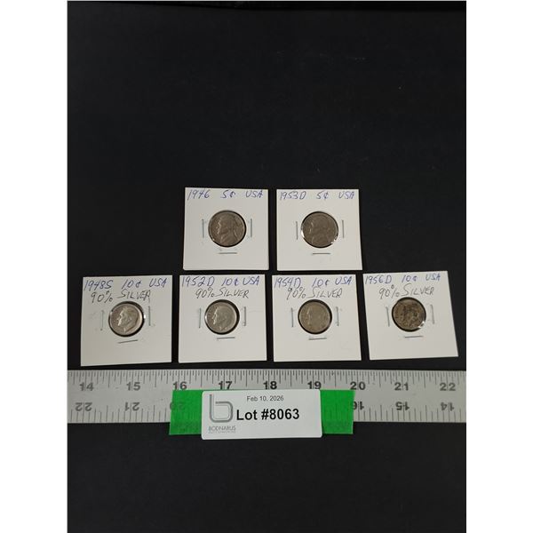 American Coin Lot, (2) Jefferson Nickels, (4) Silver Roosevelt Dimes, Years: 1946-56