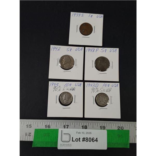 American Coin Lot, (1) Wheat Penny, (2) Jefferson Nickels, (2) Mercury Dimes, Years: 1939-43