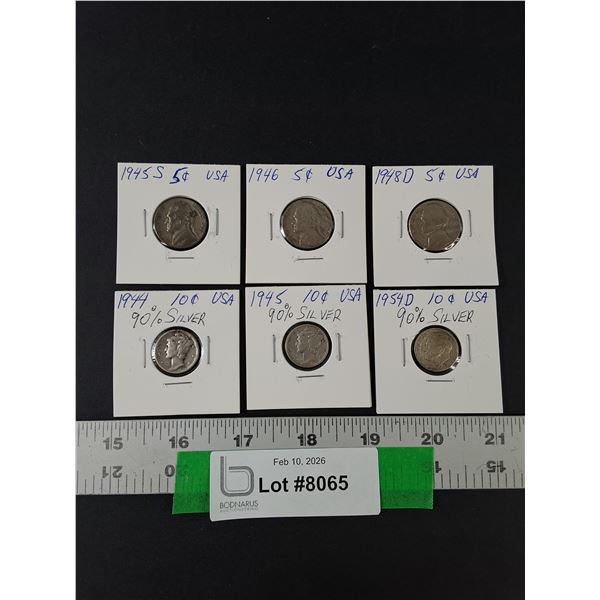 American Coin Lot, (3) Jefferson Nickels, (3) Mercury/ Roosevelt Dimes, 1944-54