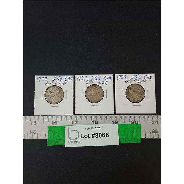 (3) Silver Canadian Quarters, 1937-39