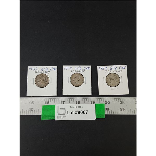 (3) Silver Canadian Quarters, 1937-39