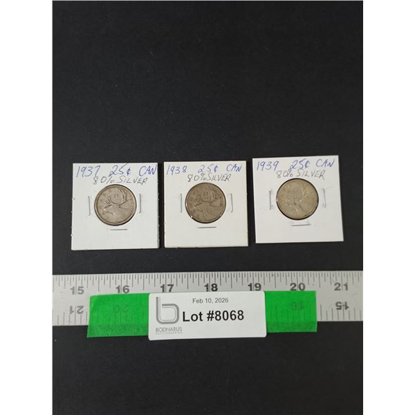 (3) Silver Canadian Quarters, 1937-39