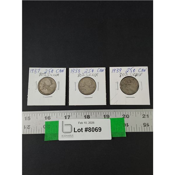 (3) Silver Canadian Quarters, 1937-39