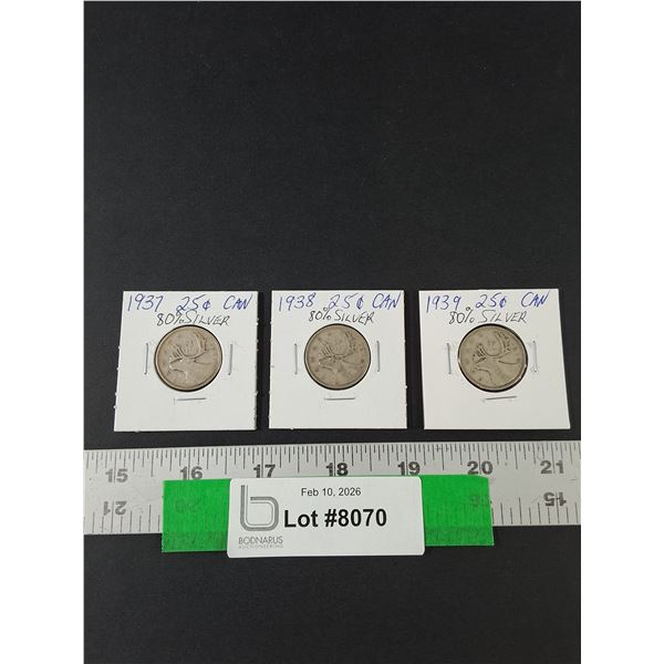 (3) Silver Canadian Quarters, 1937-39