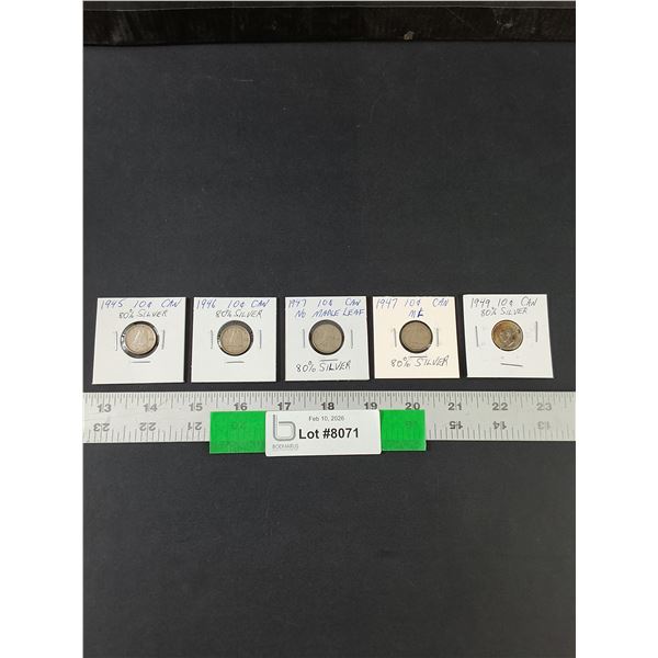(5) Silver Canadian Dimes, 1945-49