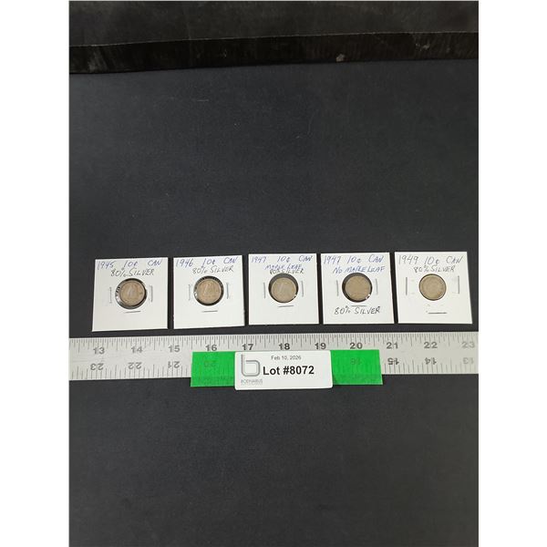 (5) Silver Canadian Dimes, 1945-49