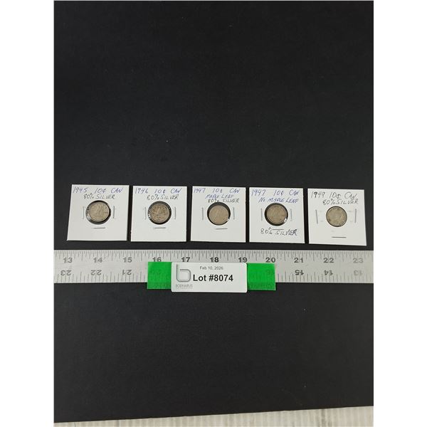 (5) Silver Canadian Dimes, 1945-49