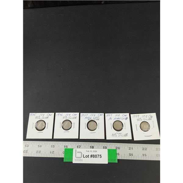 (5) Silver Canadian Dimes, 1945-49