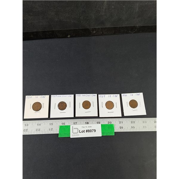 (5) Canadian 1 Cent Coins, 1920-40