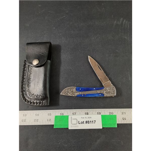 Folding 440C Steel Pocket Knife w/ Ornate Handle, Blade 3" Long, Come With Sheath